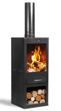 Load image into Gallery viewer, The Rosa outdoor garden stove on white background with the fire lit. 
